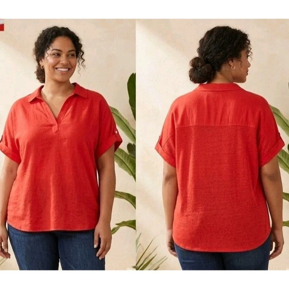 Martha Stewart Collection Linen Blend Short Sleeve Womens Blouse Coral Red 2X